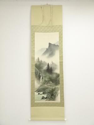 小野蕉麗筆　山村風景　肉筆絹本掛軸（共箱）